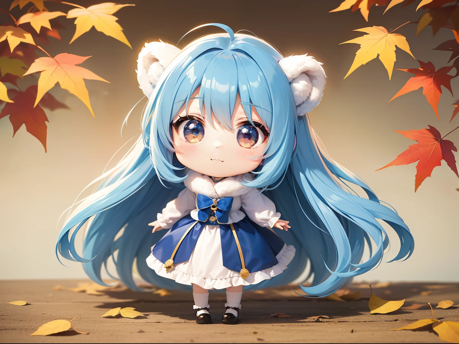 Chibichara　long hair with blue hair((Chibi Chara))、Fluffy、girl with、Chibi Chara、full body Esbian、Pastel colors hair、masutepiece、top-quality、Background of autumn leaves、There are also cute bears。