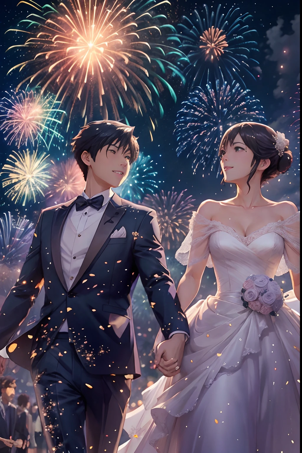 ((Best quality, A high resolution, Masterpiece:1.2)), (Romantic), (newlyweds:1), (Stargazing at the top of the mountain), (Spectacular sky fireworks display), (Colorful fireworks), (Giant fireworks), (Wedding dress), (suit), (glittering stars:1.5), Romantic couple photo, cinematic Film still from.