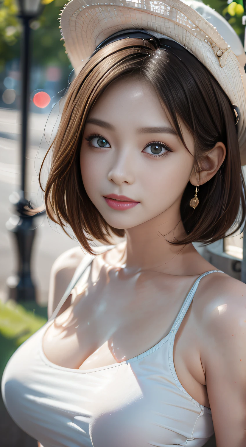 (masuter piece:1.3)、(8K、Photorealsitic、RAW photography、top-quality: 1.4)、(1girl in)、beautiful countenance、(lifelike face)、(Light beige-blend hair、short-hair:1.3)、(Bigboobs)、(contact lens、Aqua green)、Wears a cute pompom cap with a pattern、(Display the hat on the screen)、photorealistic eye、Beautiful details、（real looking skin）、Beautiful skins、absurderes、enticing、超A high resolution、ultra-realistic realism、high detal、the golden ratio