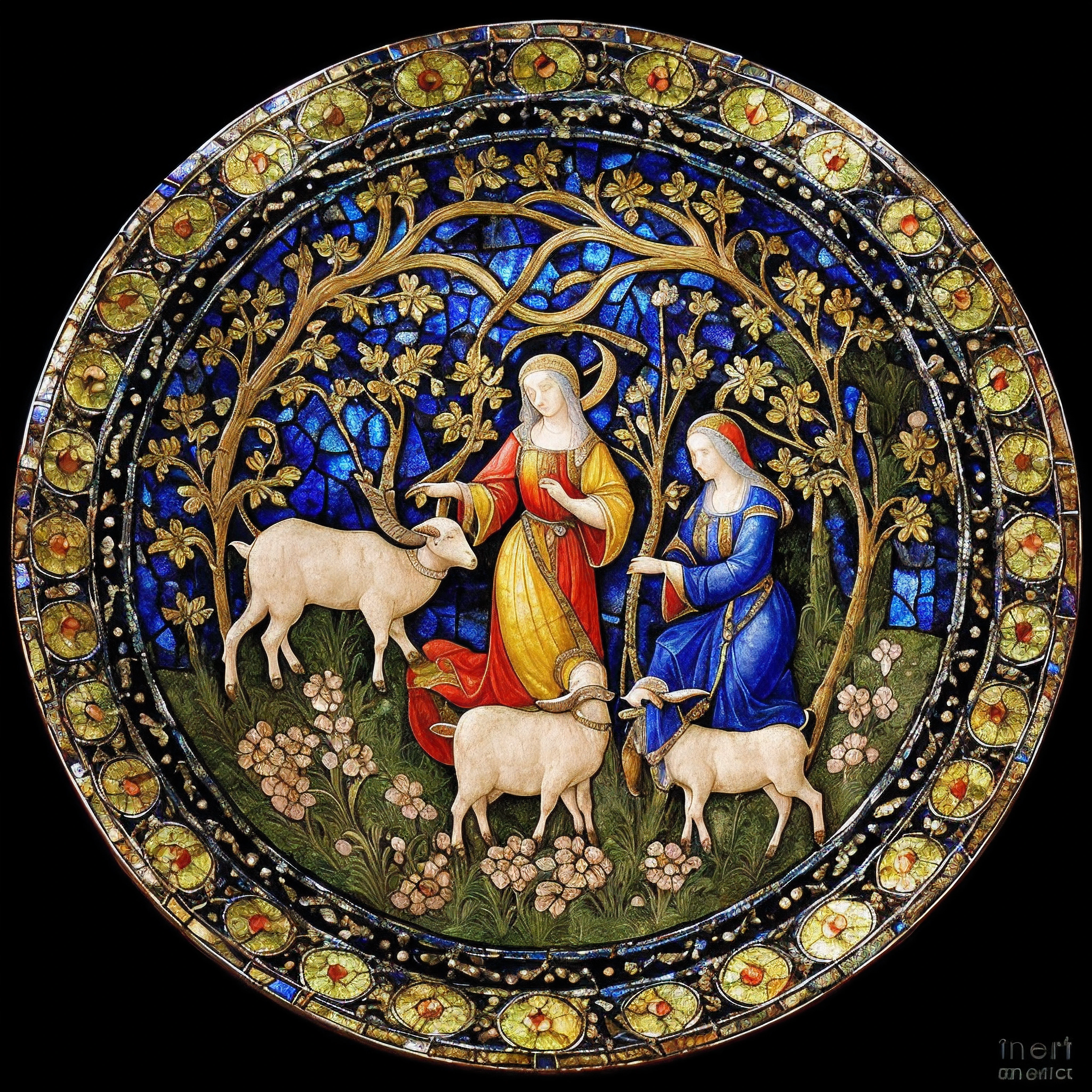 Close-up of a decorative plate depicting a woman and a goat, maxim verehin stained glass, renaissance religious art, Medieval art style, on stained glass windows, Stained glass art, Luca della Robbia, Painting of the Renaissance", intricate stained-glass windows, Intricate classical art, Quirisio di Giovanni da Murano, renaissance art style, catholic religious art
