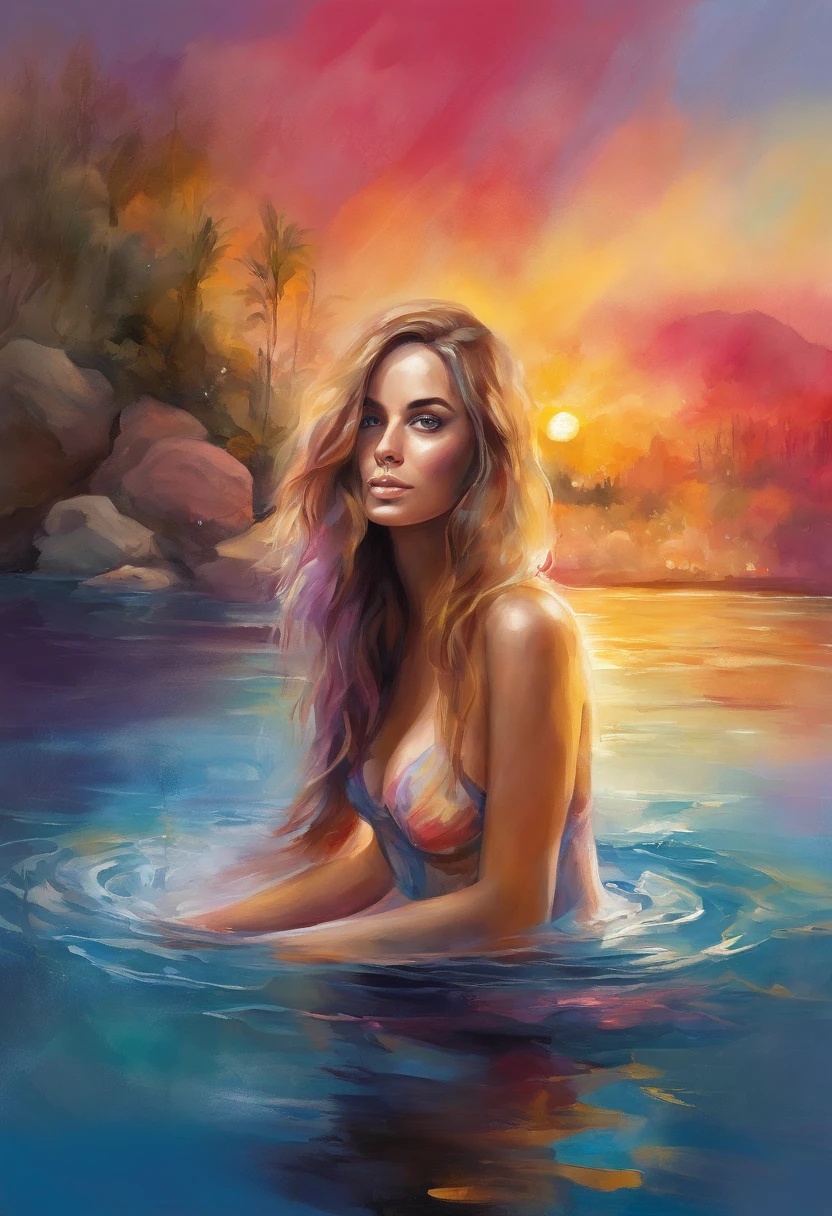 Beautiful girl, long flowing hair, wearing a bikini outfit, (((heavy bust))), sitting in a lake, hot sunshine, symmetrical eyes, symmetrical face, photorealistic, photography, path tracing, specular lighting, volumetric face light, path traced hair, visible shadows, shadow mapping, visible reflections, bright lush colours, concept art, highly detailed, illustration, bold colours, cinematic, masterpiece collection, volumetric lighting