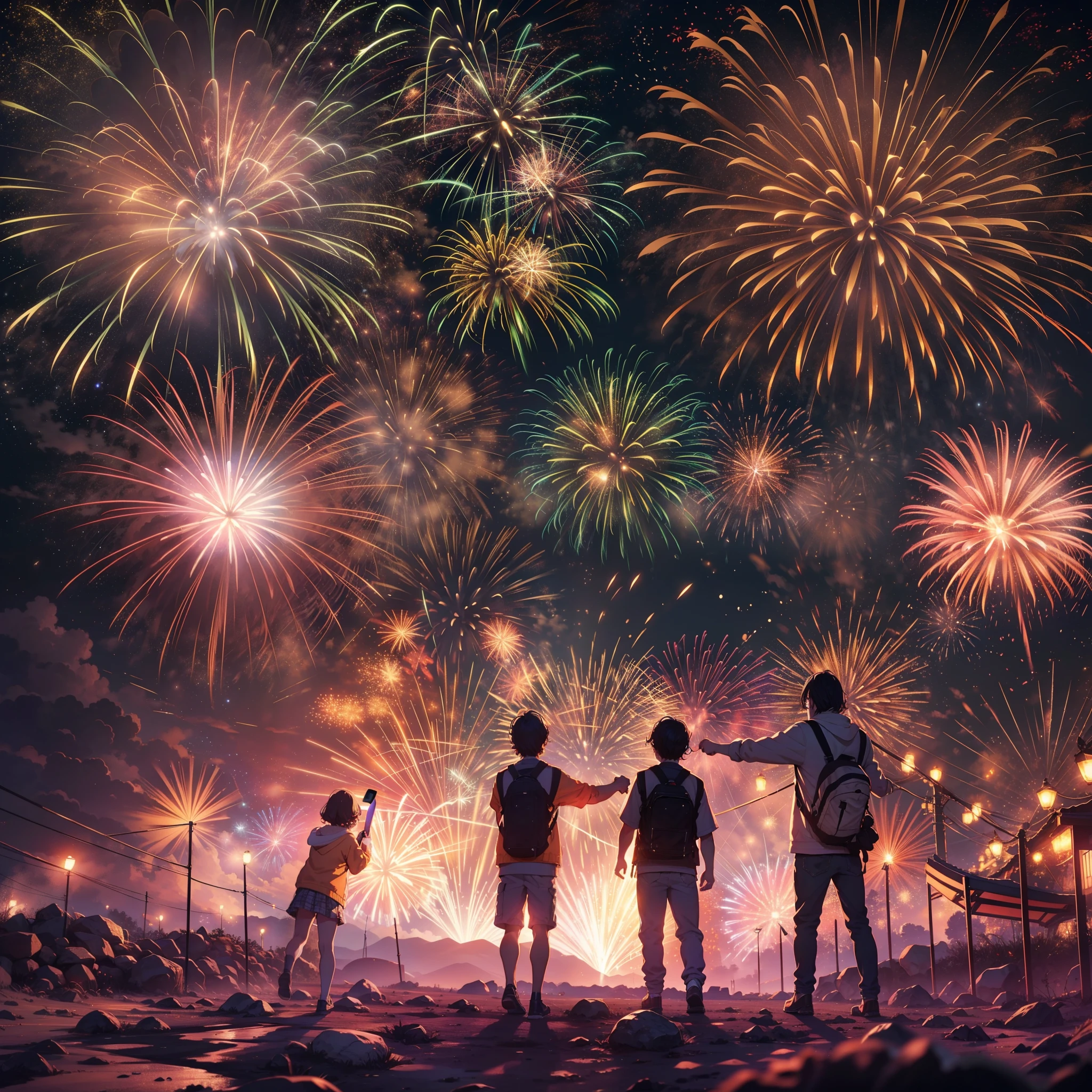 Spectacular fireworks display. The fireworks are huge,Four generations together,Family warm,(Giant fireworks 1 with dazzling dazzling eyes.5)(Warm atmosphere1.3)(The night is full of stars1.2)Real Human,cinematic Film still from,Super realistic,Movie promotional poster,Super light and shadow,Super textured,(Ultra-wide angle to watch fireworks bloom1.5)Extreme light chasing