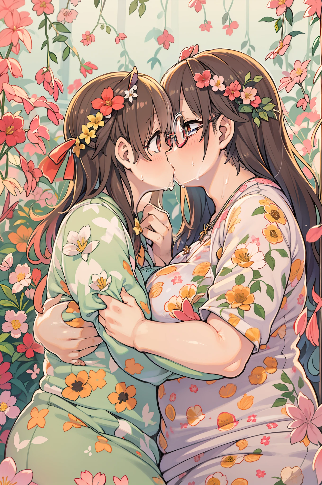 Two-dimensional girl enjoying flowers、huge-breasted、big round glasses、bbw,Large Thigh、Two girls、embracing each other、Deep kissing、the kiss、lesbian、red blush