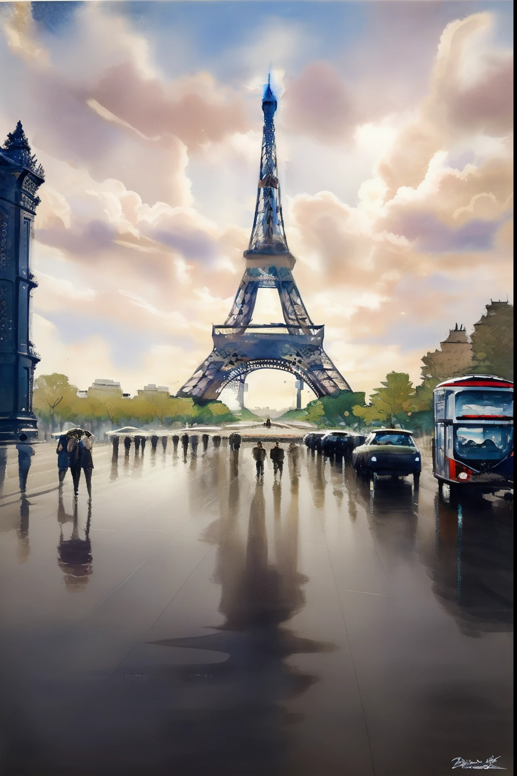 white and black painting of a city Paris, (((Eiffel tower view from The Place du Trocadero))), Night scene, in the style of contemporary collage, (( Paris )), street caffee, peoples, , album covers, fluid, high detailed, masterpiece of watercolor painting, relief, Very detailed.