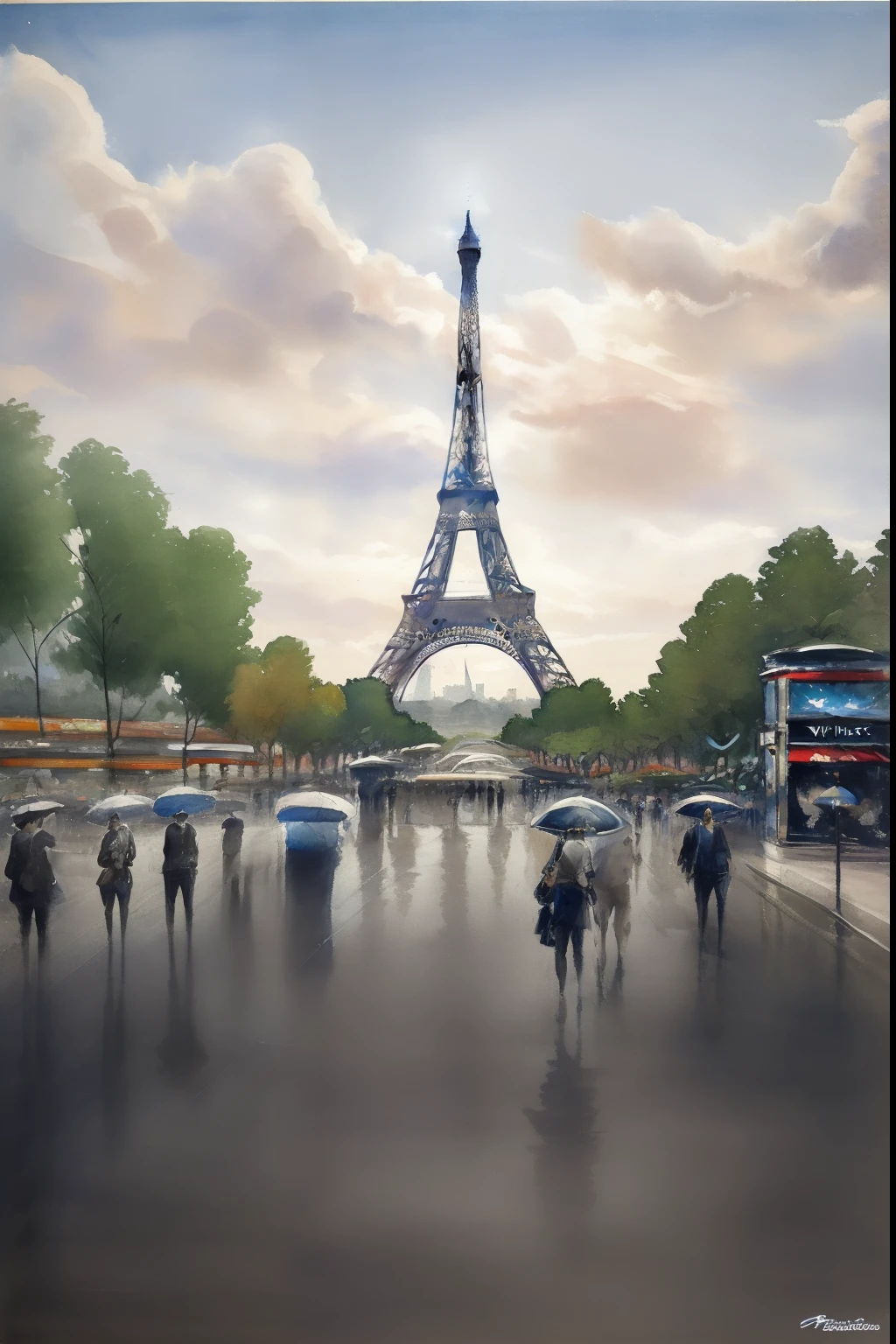 white and black painting of a city Paris, (((Eiffel tower view from The Place du Trocadero))), Night scene, in the style of contemporary collage, (( Paris )), street caffee, peoples, , album covers, fluid, high detailed, masterpiece of watercolor painting, relief, Very detailed.