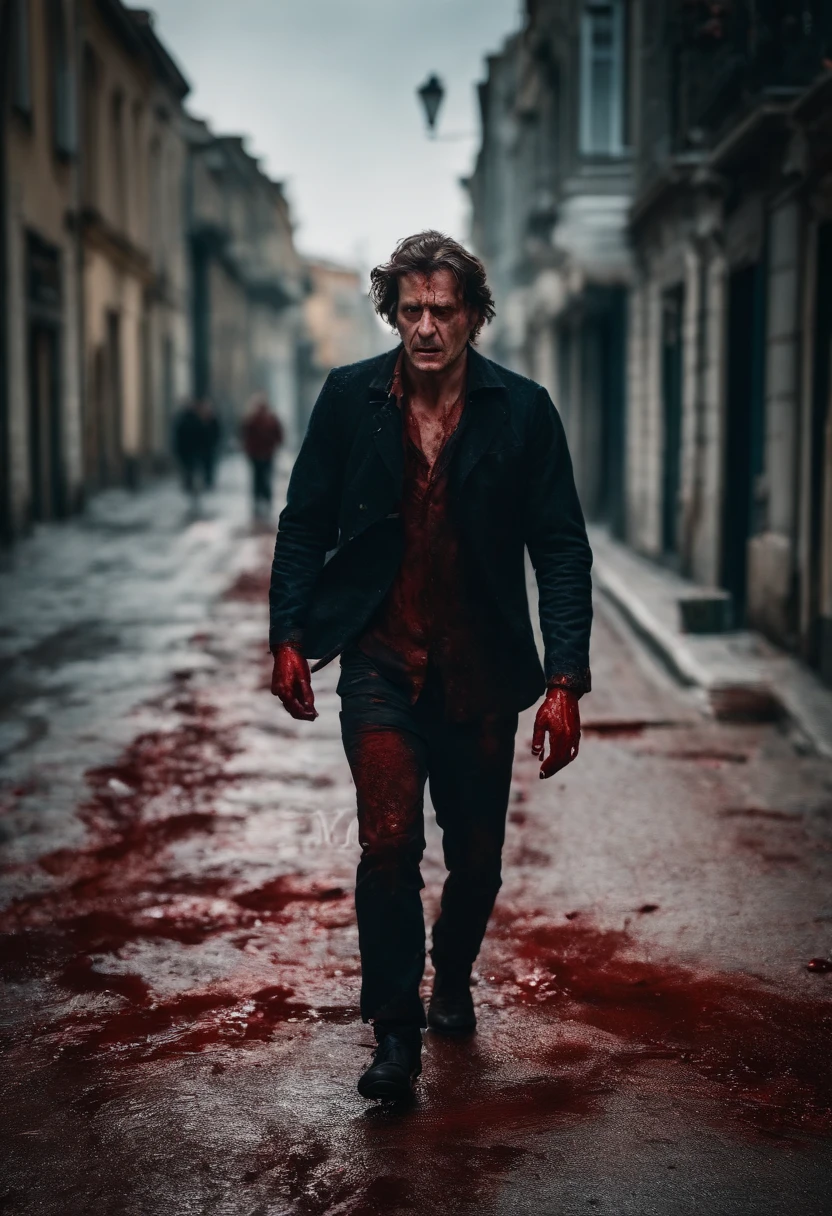 A terrified man,Covered in blood,Standing on the street with unkempt hair,Full body photo