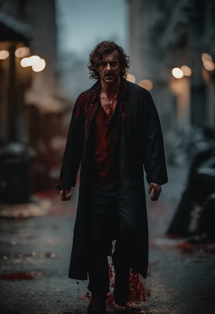 A terrified man，Covered in blood，Standing on the street with unkempt hair，Full body photo