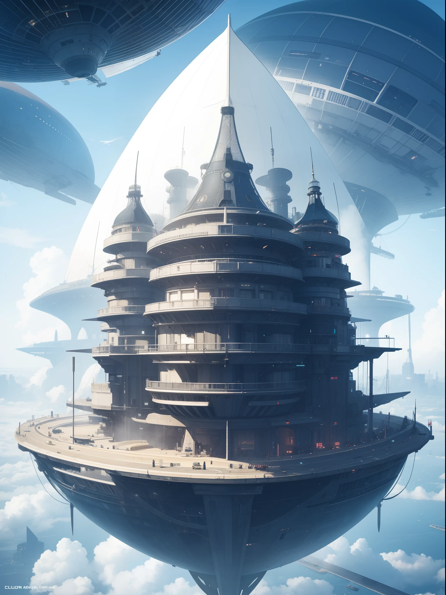 City of the Future、The big airship of the future、Beautiful fog、cloudiness、dark ilumination、Best Quality,masutepiece,