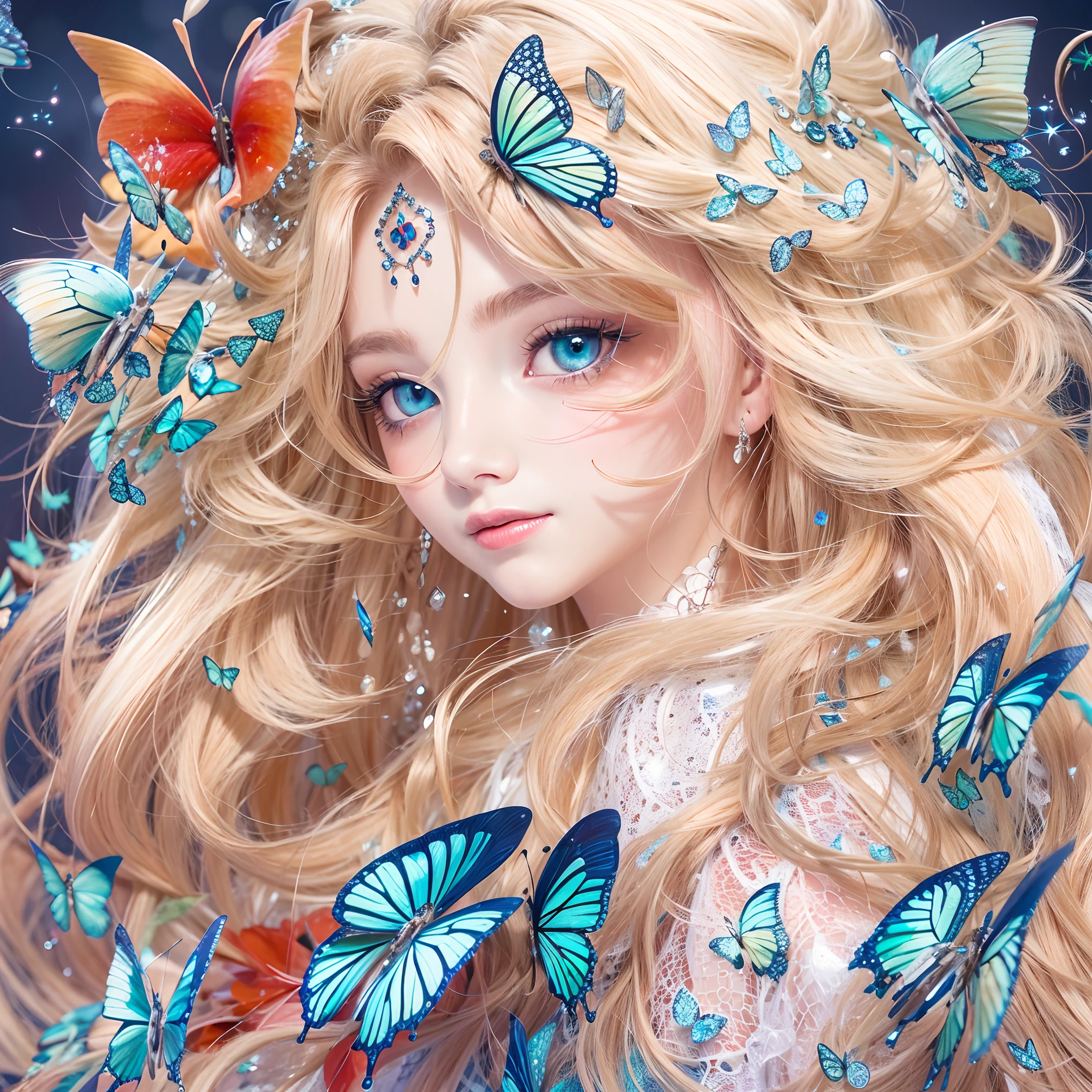 Blonde hair，Lots of hair，Hair depicted in detail，Big blue watery eyes，The face has a red petal pattern, and the face pattern is depicted in detail，Smile seductive expression，Crystal butterfly ornaments on the head sparkle，16k high quality wallpapers，The face is out of the frame，Close-up shot
