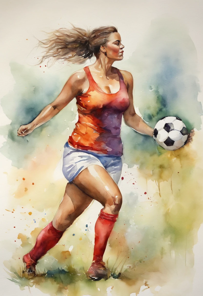 realistic woman with big breasts and completely naked playing soccer