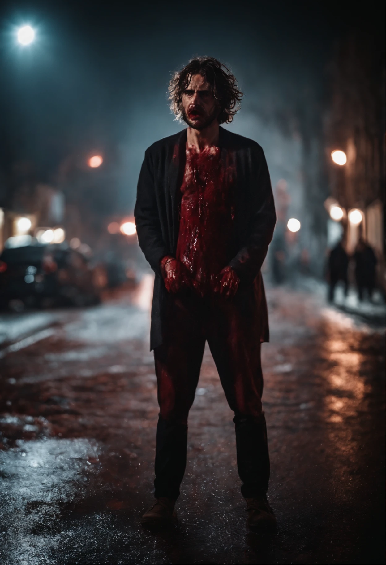 A terrified man,Covered in blood,Standing on the street with unkempt hair,Full body photo