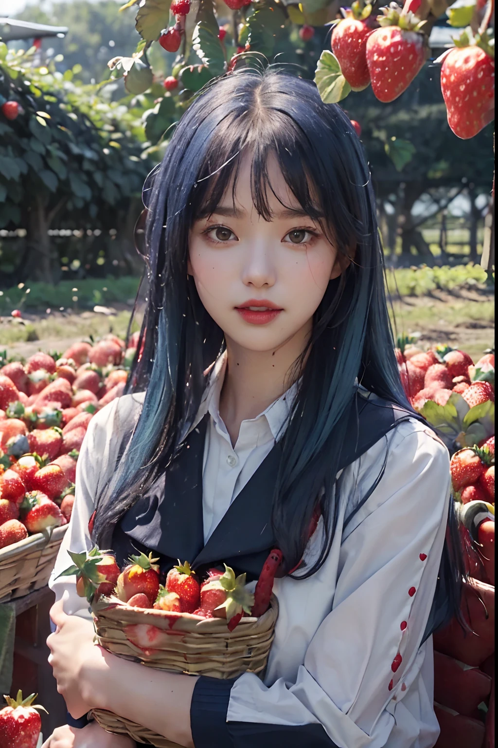 best quality, ultra high res, (1 girl:1.4), solo,(upper body:1.2), (photorealistic:1.4), (pretty girl:1.2),big breasts,balck long hair, parted bangs,air bangs, red lips,light_smile,(shot hair), wet, messy_blue hair, stick out,(school uniform:1.4),white shirt with blue collar, blue shorts,(looking at viewer:1.4),(a basket on her forearm:1.4),(picking strawberries:1.4), (strawberry farm:1.4), (rows of plants:1.4), (red berries:1.4), green leaves, sunshine, (baskets:1.2), picking,(pureerosface_v1:0.5)