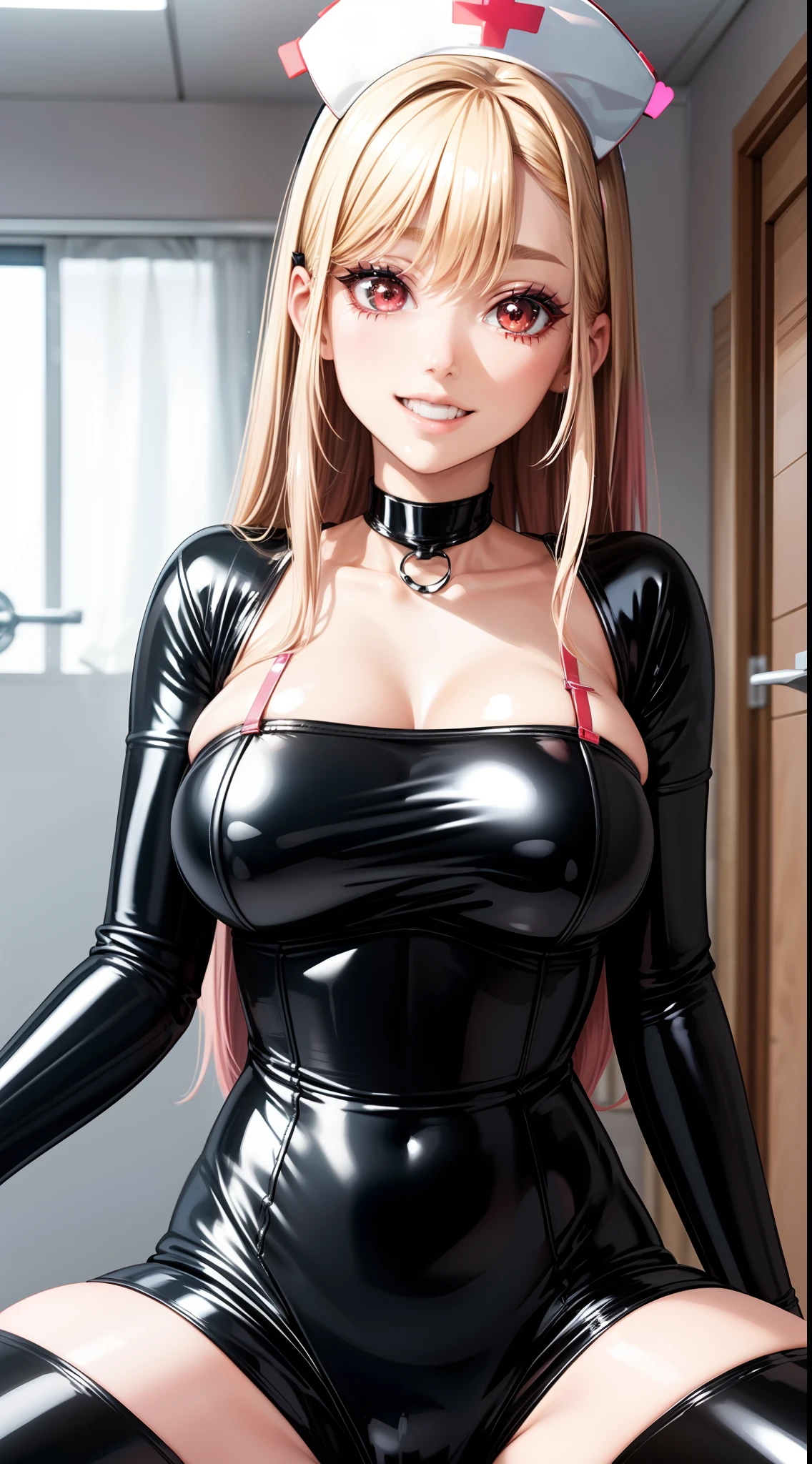 8k, highres, ultra detailed, (masterpiece:1.4), best quality, symmetrical body, (Black latex nurse outfit:1.6), provocative pose, cute, solo, long hair, blonde hair with pink hair tips, red eyes, long lashes, glow effect, finely eye, wide smile, grinding, detailed face, looking at viewer, smilling at viewer, bedroom, angled view, big breasts, sitting, legs spread, (breasts grab:1.4)