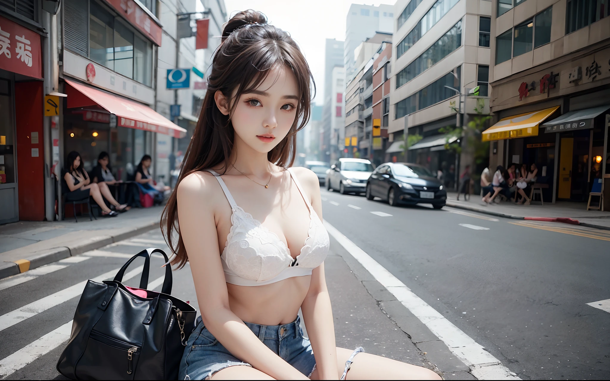 8k, top-quality, (pubic hair beauty)、hight resolution, realisticlying, realperson, Asian woman in araffa sitting on the curb of the street of the city, bra and shorts streetwear, photo of slim girl model, sexy girl wearing shorts, Sexy Girl, gorgeous chinese model, Beautiful Model Girl, Beautiful girl model, Beautiful Asian Girl, Chinese girl, Gorgeous young Korean woman, 2 4 years old female model, Sexy Pose, pretty face with arms and legs