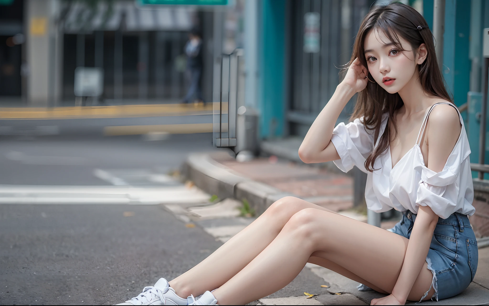 beautiful Girl,Move the center of gravity back,Reach out and put your feet forward,(White cotton gloves:1.place both feet on hands,Very happy,with no underpants,Thin leg,white short-sleeved top,Leotard skirt,90 degree knees,heels on the ground,Hands in front of your feet,Hold your legs,kneeking,Pedestrian walkway,RAW Photos,8K,top-quality, 超A high resolution,beautiful faces detailed,Real Human Skin,front-facing view,From the angle below,Long grey hair,realisticlying,realisticlying,adolable,falda corta,Squatting deep in the city,Cute Schoolgirl,Japanese Schoolgirl Uniform,Surreal High School Girl,full body Esbian,frontage,Open your legs,squatt,White lace panties