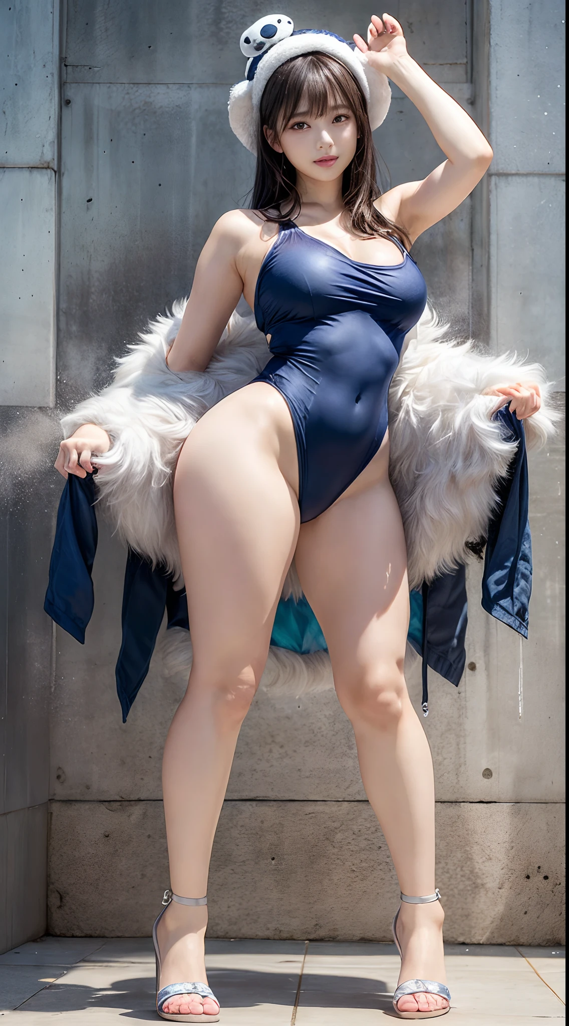 (masterpiece、Ultra-realistic 8K CG)、Top image quality、top-quality、Shower room、1人、(full body Esbian)、((from the front side))、((open stance:1.7)))、BREAK(Colossal tits:1.7)、(realisitic:1.5)、(short wavy hair:1.2)、(shorth hair)、absurderes、(超A high resolution)、(Photorealsitic:1.6)、Photorealsitic、octane renderings、(hyper realisitic:1.5)、(realistic skin textures)、(Akame)、(Beauty:1.5)、(see the beholder:1.2)、(A smile:1.2))、(cute little)、BREAK(bangss)、 (((The color of the one-piece swimsuit is dark blue)))、(onepiece swimsuit)、(armsbehind back:1.6)、high-heels、thighs thighs thighs thighs、toppless、beauty mark、Angle from below、((long neck、bangss、bangss、Clean face、Gaze staring at the camera、Lashes、big eye、Distinct double eyelids、Tear mole、glowy skin、Clean skin quality、lipgloss))、very slim legs, very slender legs, very slender legs, Long legs, very detailed legs, Close-up legs