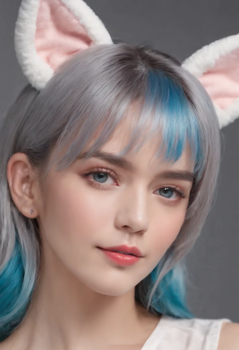 hair bobbles, wince, fake animal ears, ear blush, fang, multicolored hair, grey hair, blue hair, asymmetrical hair, drop shadow, anaglyph, stereogram, pov, Surrealism, Social realism, depth of field, cinematic lighting, sparkle, bloom, Fujicolor, 8k, 8k, 4K, 8k, 8k, award winning, 1080P, HD, textured skin, super detail, anatomically correct, ccurate, retina, UHD