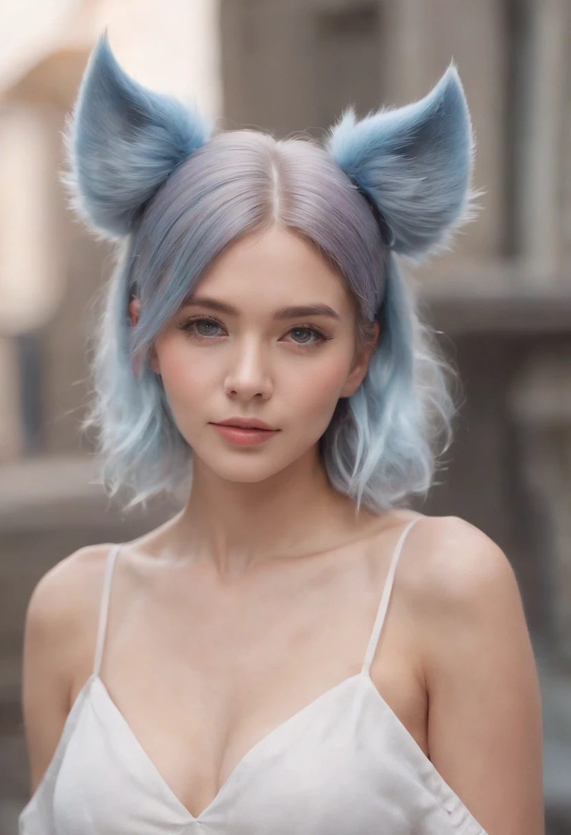 hair bobbles, wince, fake animal ears, ear blush, fang, multicolored hair, grey hair, blue hair, asymmetrical hair, drop shadow, anaglyph, stereogram, pov, Surrealism, Social realism, depth of field, cinematic lighting, sparkle, bloom, Fujicolor, 8k, 8k, 4K, 8k, 8k, award winning, 1080P, HD, textured skin, super detail, anatomically correct, ccurate, retina, UHD