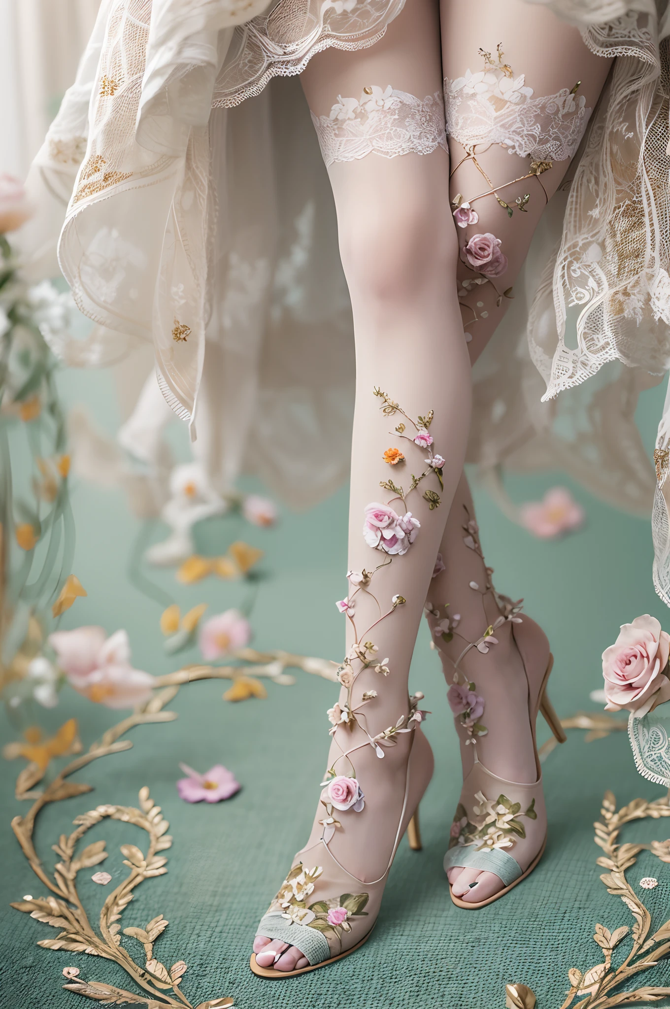 Clear stockings with floral pattern,The legs are out of the frame,Perfect lighting,Close-up shot,High quality photos