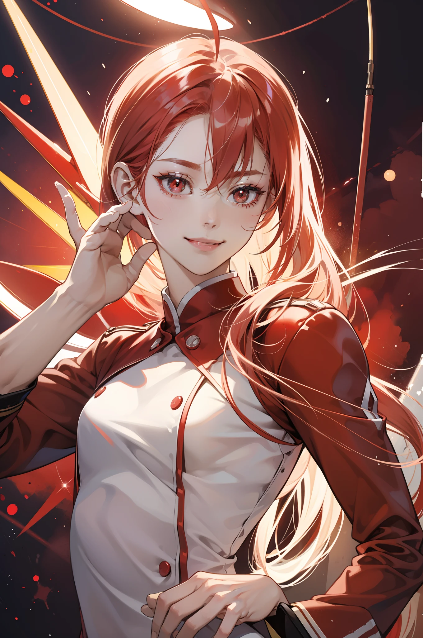 zero two, red color 9's pistil suit, smiling face, office background, random pose, best quality, military element increase, bubble effect, masterpieces, light make up, a pair of small red horn, perfect body shape, red hair, sharp red pupil, 4k wallpaper quality