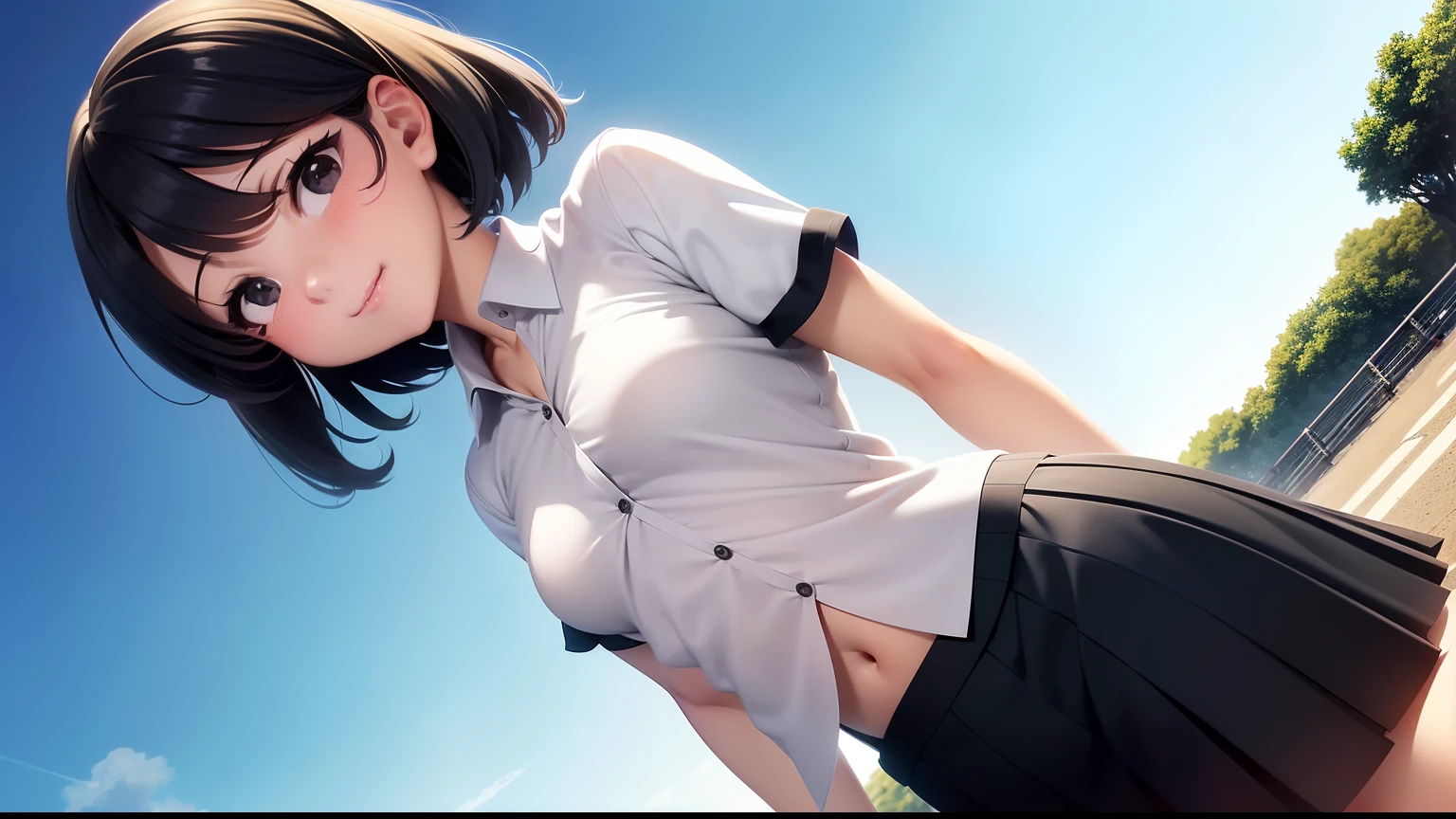 16k, ((in kyoto animation style)), super precision, ​masterpiece, very extremely beautiful, princess face, ((1 girl:1.5)), ((solo:1.5)), big eyes, dress_shirt a white, short_sleeves, navel, skindentation, thighhighs, ((black hair:1.5)), ((black eyes:1.5)), ((short hair)), ((straight hair)), hair flaps, short ponytail, ((small breasts)), faint lips, professional lighting, (20 years old), ((pleated_skirt a dark_blue)), thigh_gap, narrow waist, shiny skin, oiled skin, glistening skin, looking at viewer, cowboy shot, dynamic pose, sexy pose, ((dutch angle)), loafers, school, school gate, summer, midday, leaning back, ((arms behind back)), from below, smile,