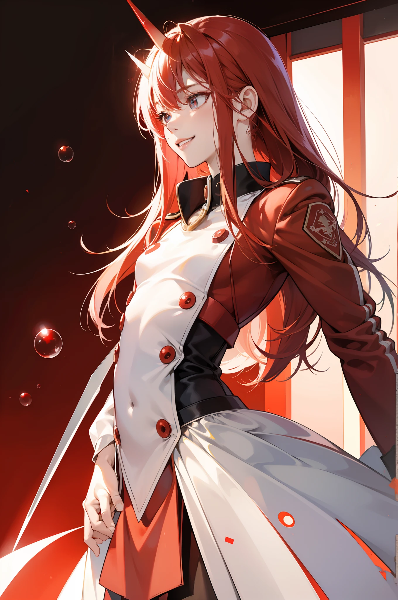 zero two, red color 9's pistil suit, smiling face, office background, random pose, best quality, military element increase, bubble effect, masterpieces, light make up, a pair of small red horn, perfect body shape, red hair, sharp red pupil, 4k wallpaper quality