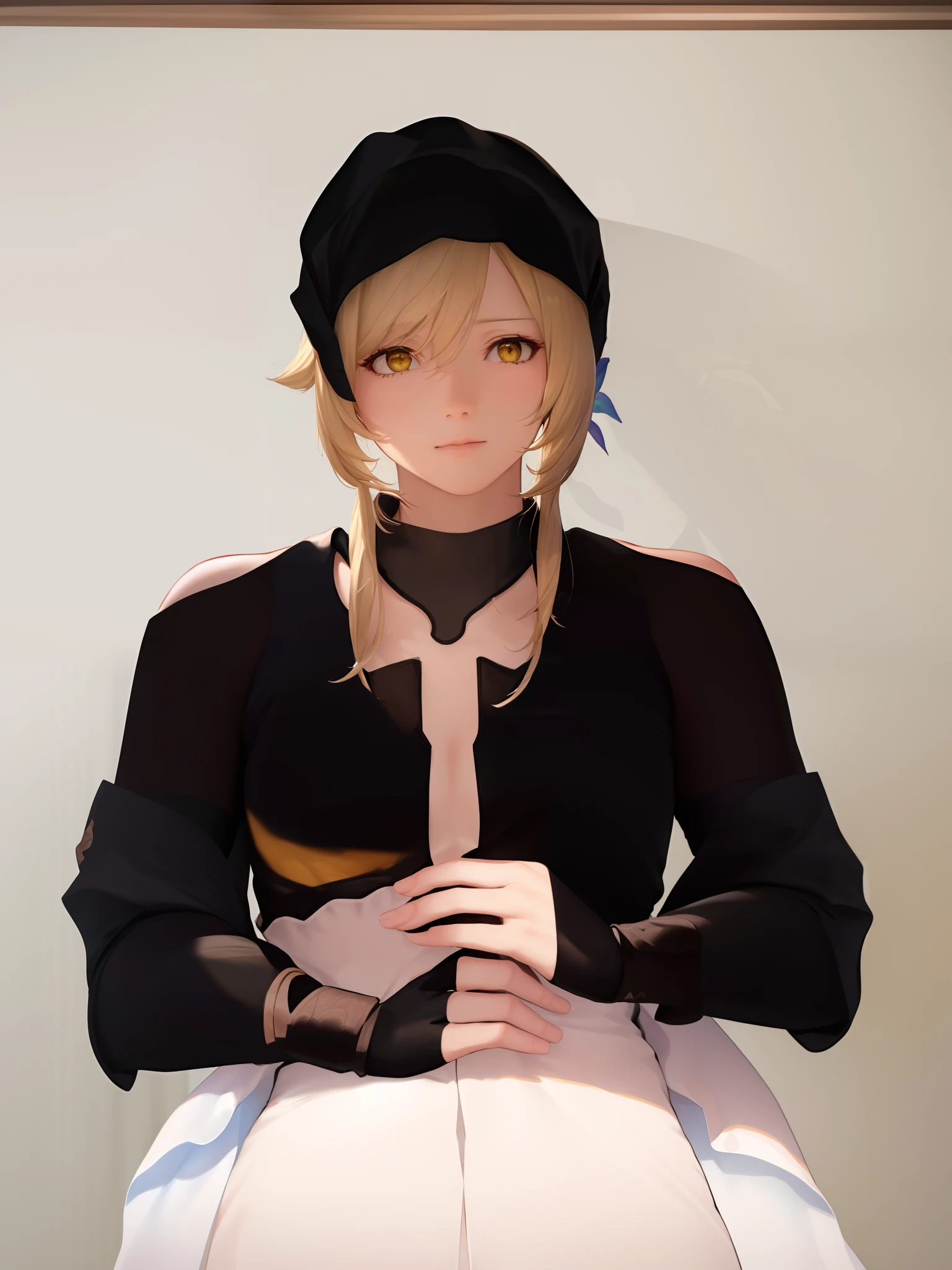 (8k, RAW photo, best quality, masterpiece:1.2),(realistic, photo-realistic:1.37),(best quality, masterpiece:1.2),(Beautiful detailed background), (lumine, ying, /genshin impact/), 1girl, lumine (genshin impact), blonde hair, solo, flower, dress, hair flower, hair ornament, dark yellow eyes, white dress, (looking at viewer), white flower, bare shoulders, gloves, detached sleeves, white thighhighs, short hair with long locks, sidelocks, white scarf, small breasts,
