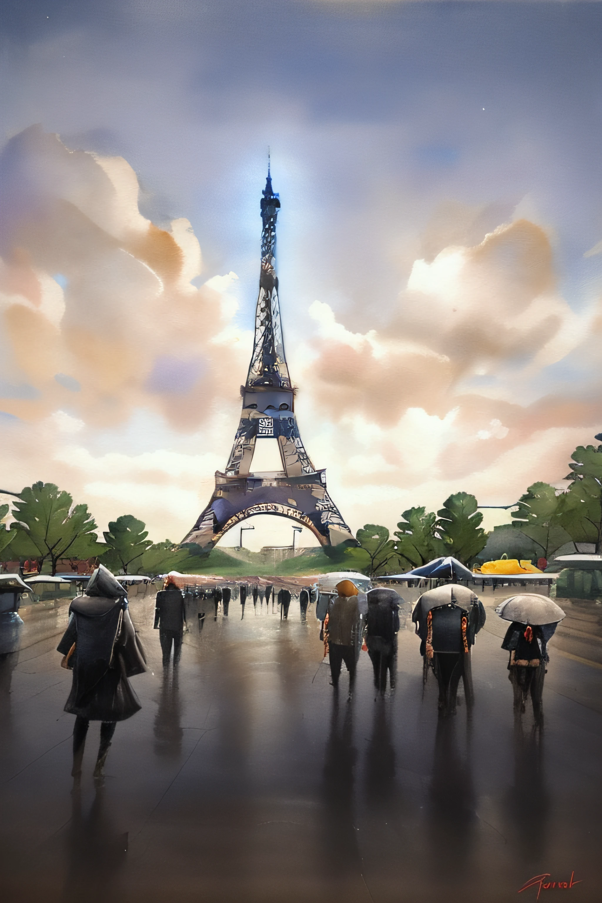 white and black painting of a city Paris, (((Eiffel tower view from The Place du Trocadero))), Night scene, in the style of contemporary collage, (( Paris )), street caffee, peoples, , album covers, fluid, high detailed, masterpiece of watercolor painting, relief, Very detailed.