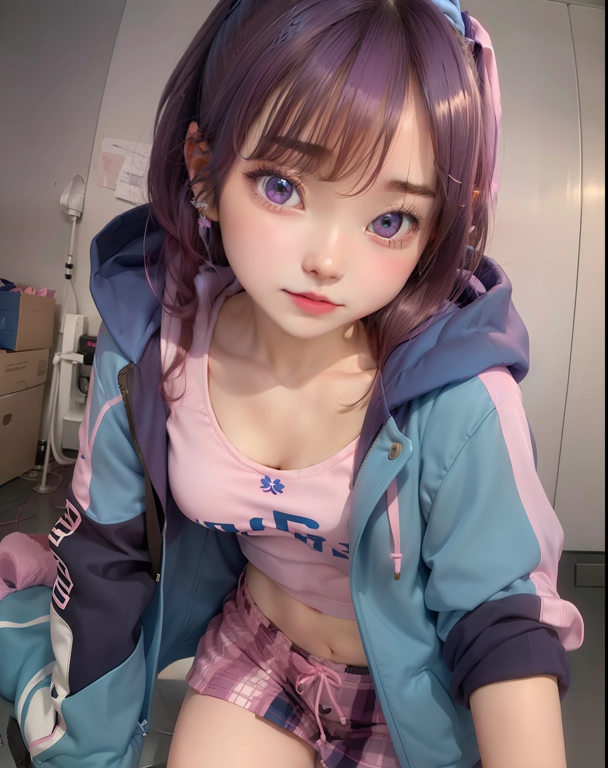 1girl,a pink top and blue jacket with a hoodie, moe artstyle,visual of a cute girl,4k, realistis,