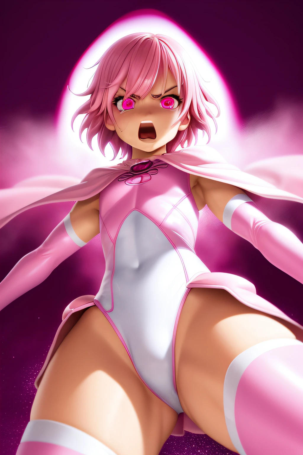 masterpiece, best quality,  upper body, face, torso, detailed skin, [anime|realistic|anime], from above, looking up, angry expression, open mouth, particles in air, cinematic lighting,  BREAK,
short and (messy pink hair), (glowing pink eyes), pink eyebrows, (pink cape:1.2), medium breasts,  (elbow gloves), white thighhighs, pink lipstick, (leotard), clenched fists, fighting stance