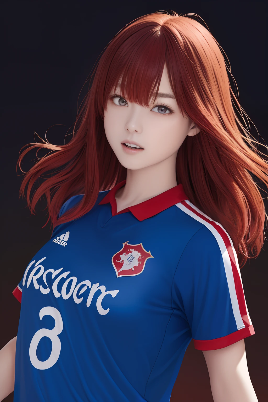 The upper part of the body、an oil painting、masterpiece、top-quality、hight resolution、long red hair、black backgrounds、Angry、bustshot、Loose and fluffy perm、Short-sleeved soccer jersey、blue uniforms、Blue clothes
