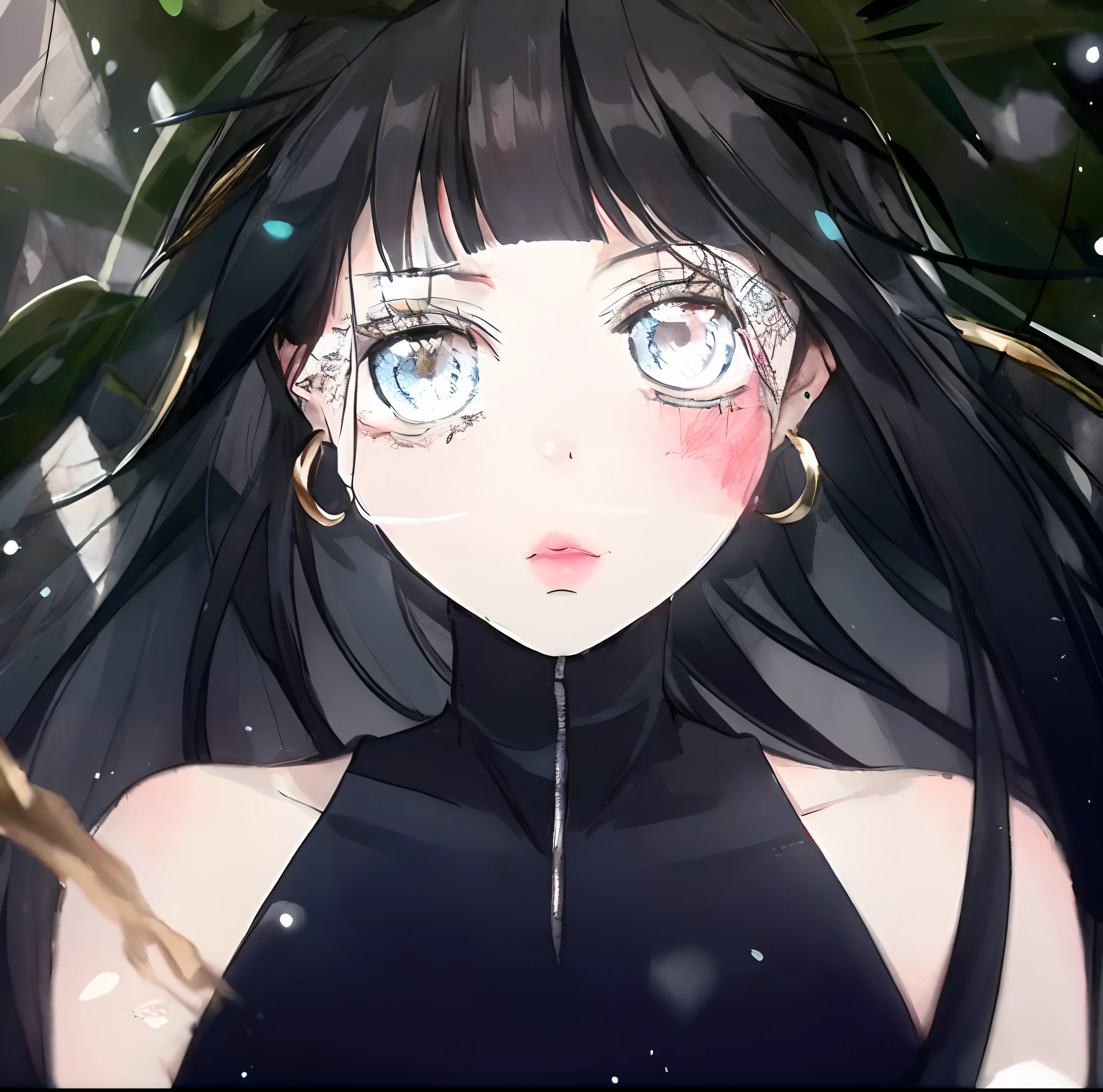 Menina anime com cabelo preto longo e olhos azuis em um vestido preto, retrato bonito do anime, retrato impressionante do rosto do anime, Pupilas de anime negras em seus olhos, retrato detalhado da menina do anime, visual anime de uma menina bonito, cara de anime bonita, retrato estilo anime, menina com olhos brancos, arte anime de alta qualidade, anime vibes, Estilo anime bonito, Digital anime illustration