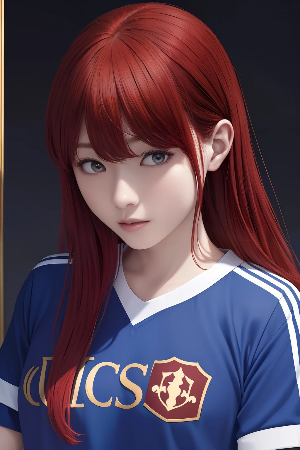 The upper part of the body、an oil painting、masterpiece、top-quality、hight resolution、long red hair、black backgrounds、Angry、bustshot、Loose and fluffy perm、Short-sleeved soccer jersey、blue uniforms、Blue clothes