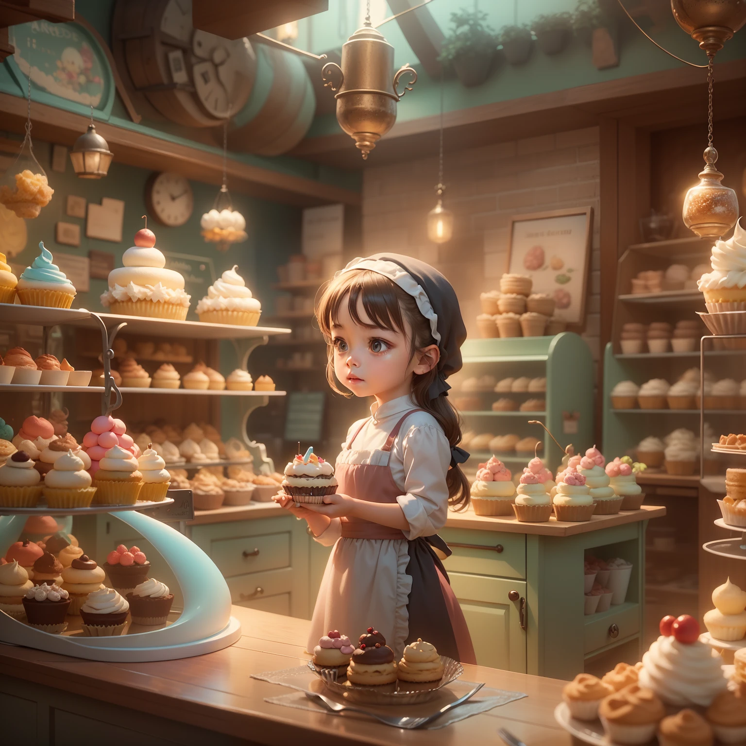There was a girl standing in the bakery looking at cupcakes, cute bakery shop, lovely digital painting, Dream bakery interior environment, fantasy bakery, cute 3 d render, childrens art in artstation, 3 d render stylized, stylized 3d render, fantasy matte painting,Cute, baker shop, Inside an old magical dessert shop, Cute detailed digital art, Beautiful digital illustration