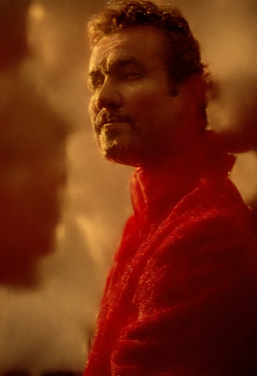 A handsom man (in red:1:3), (in the style of patrick demarchelier). wearing a jacket, Tall and fit, (40 years old:1.1), (shaven:1.2), (short brown hair and a little curly:1.5),(very short hair:1.6). in the style of ethereal beauty, realistic blue skies, hasselblad 1600f, hyper-realistic portraiture, bold colors, dynamic lines, smooth and polished .