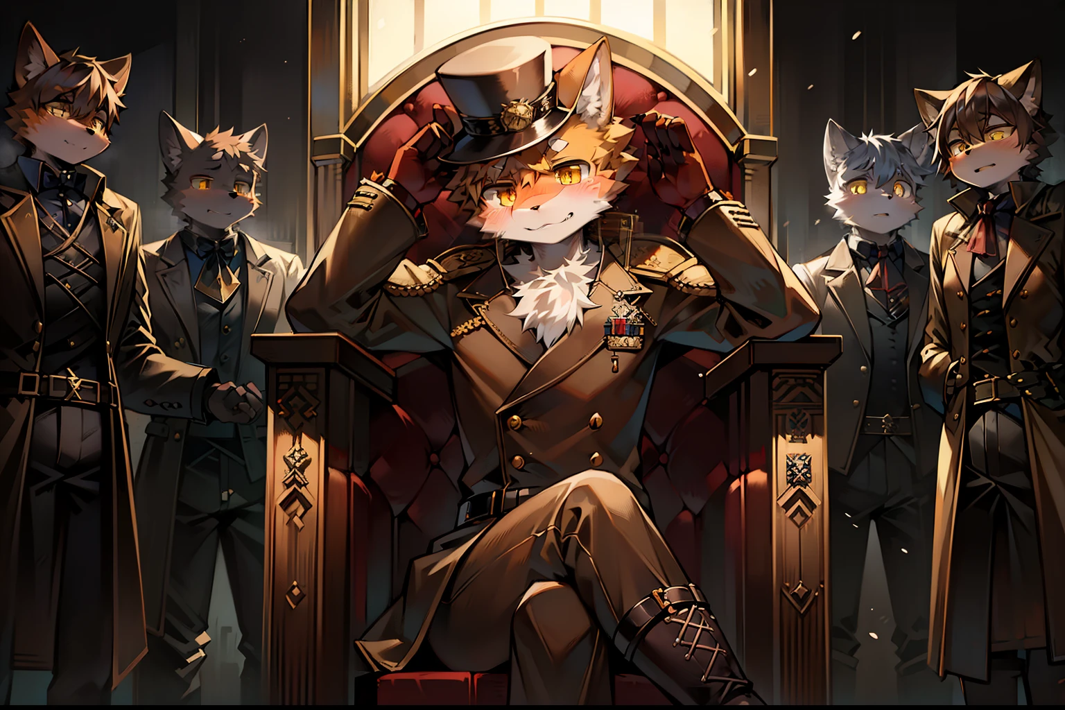 kemono-style male cat, wearing brown overcoat and steampunk hat, with yellow eyes and orange fur, cold expression on his face, sitting on a throne in a palace, soldiers with rifles around him salute, 4k, masterpiece, dark lighting