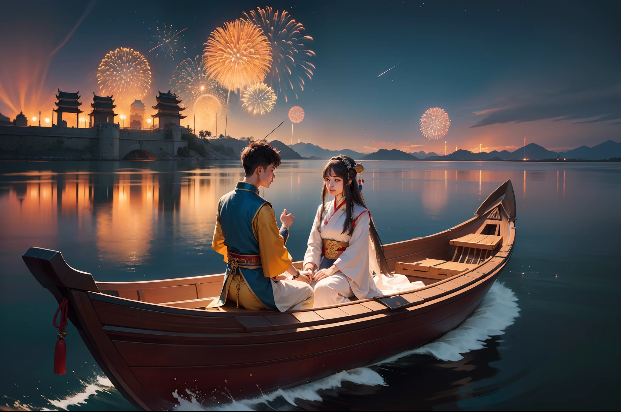 Giant fireworks on the sky, couple of youngman and young woman in an ancient boat on the water, wearing hanfu, Song dynasty, ancient Chinese hairstyles, coastal line of an ancient Chinese town, fireworks reflecting in water, other boats far away, night time, nocturnal scene, illuminated only by fireworks. Photorealistic, deep depth of view, medium shot,