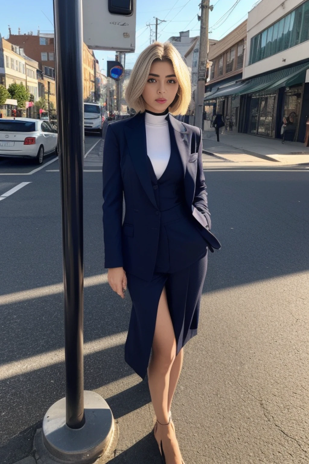 ((Realistic lighting, Best quality, 8K, Masterpiece: 1.3)), Clear focus: 1.2, 2girl, Perfect Figure: 1.4, Slim Abs: 1.1, ((short blonde bob hair)), (chic, tailored pantsuit and turtle neck: 1.4), Super fine face, Fine eyes, Double eyelids, woman is posing while sitting in a bus stop in a street, inspired by Gina Pellón, instagram, tachisme, violet myers, lorena avarez, olivia culpo, alanis guillen, looks like laura barriales, sophie mudd, tanned ameera al taweel, beautiful iranian woman, full body portrait