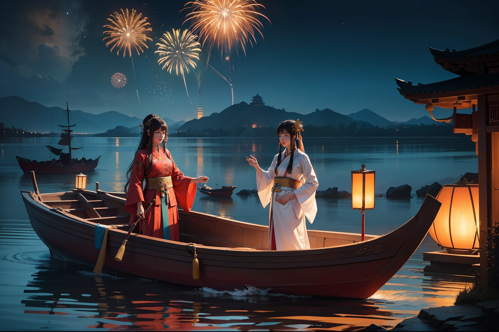 Giant fireworks on the sky, couple of youngman and young woman in an ancient boat on the water, wearing hanfu, Song dynasty, ancient Chinese hairstyles, coastal line of an ancient Chinese town, fireworks reflecting in water, other boats far away, night time, nocturnal scene, illuminated only by fireworks. Photorealistic, deep depth of view, medium shot,