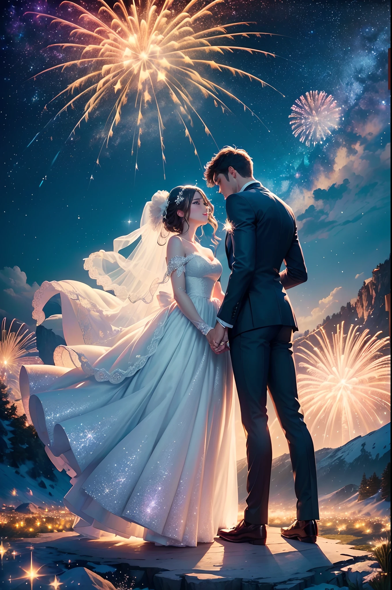 ((Best quality, A high resolution, Masterpiece:1.2)), (Romantic), (newlyweds:1), Delicate facial features, Clear facial features, Optimized details,(Stargazing at the top of the mountain), (Spectacular sky fireworks display), (Colorful fireworks), (Giant fireworks), (Wedding dress), (suit), (glittering stars:1.5), Romantic couple photo, cinematic Film still from.