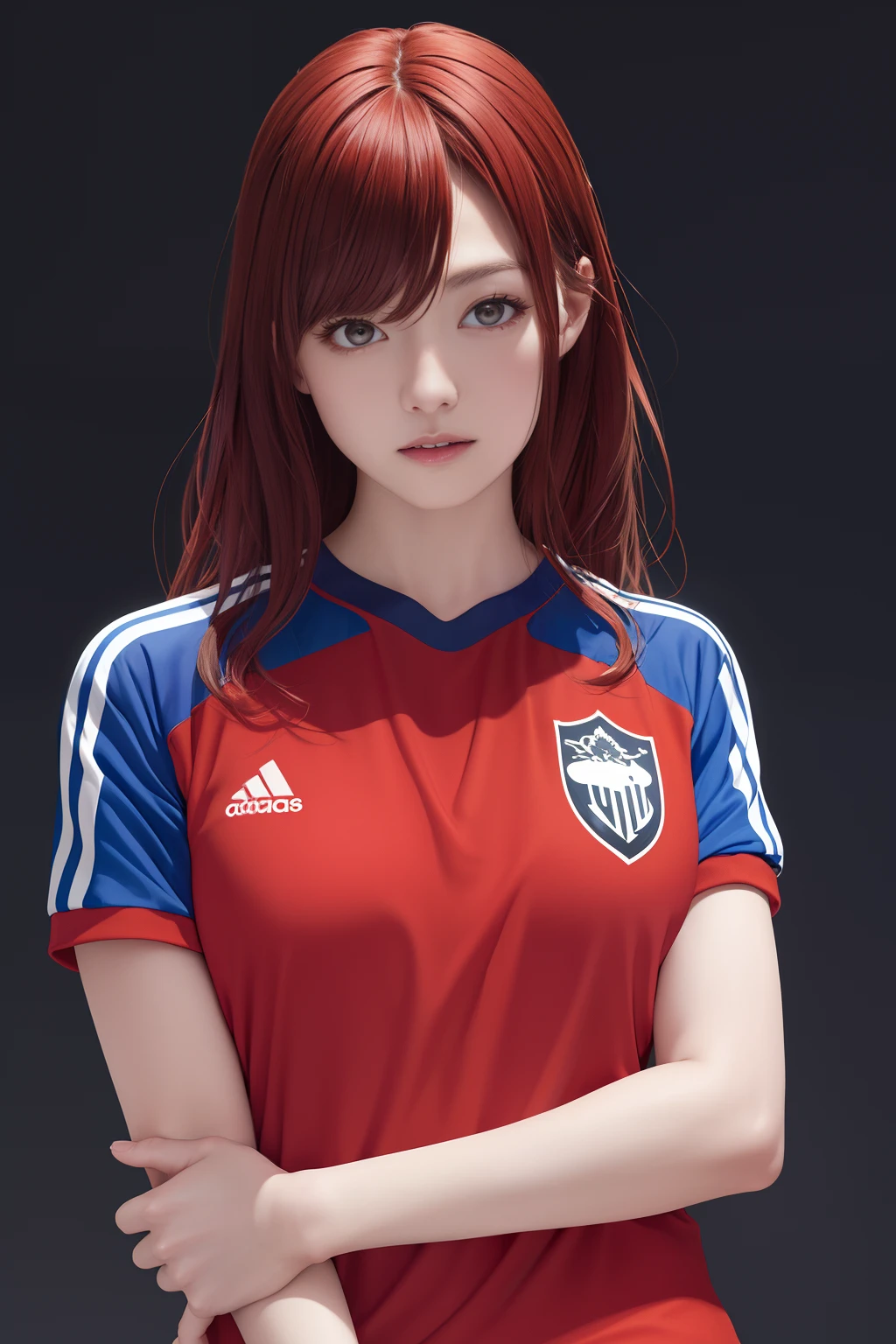 The upper part of the body、an oil painting、masterpiece、top-quality、hight resolution、long red hair、black backgrounds、Angry、bustshot、Loose and fluffy perm、Short-sleeved soccer jersey、blue uniforms、Blue clothes