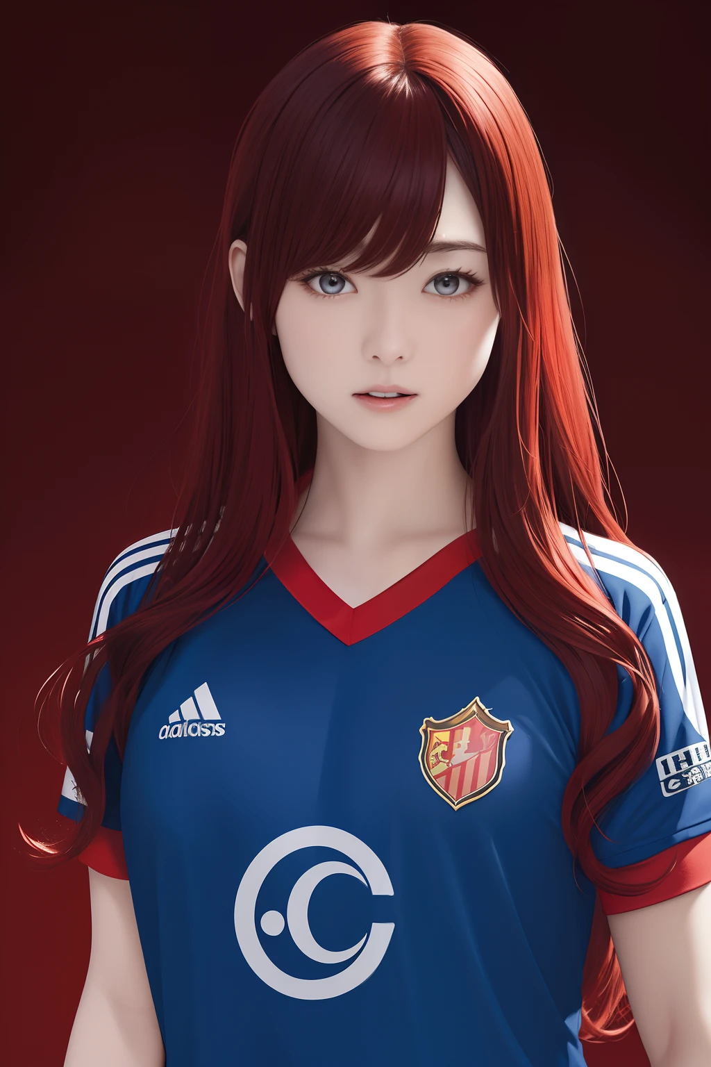 The upper part of the body、an oil painting、​masterpiece、top-quality、hight resolution、long red hair、black backgrounds、Angry、bustshot、Loose and fluffy perm、Short-sleeved soccer jersey、blue uniforms、Blue clothes