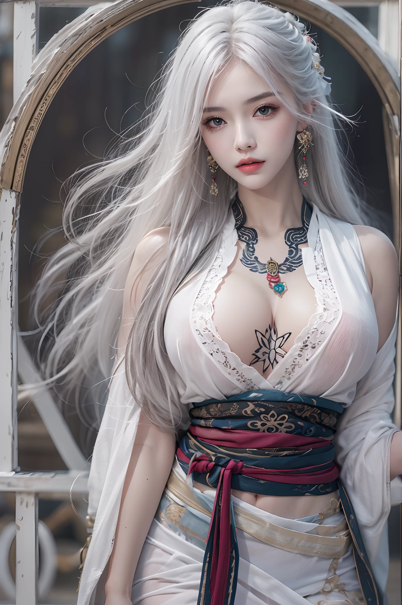 Photorealistic, high resolution, 1 woman, Hips up, Beautiful eyes, Long hair, ringed eyes, jewelry, tattoo, white hair, hanfu