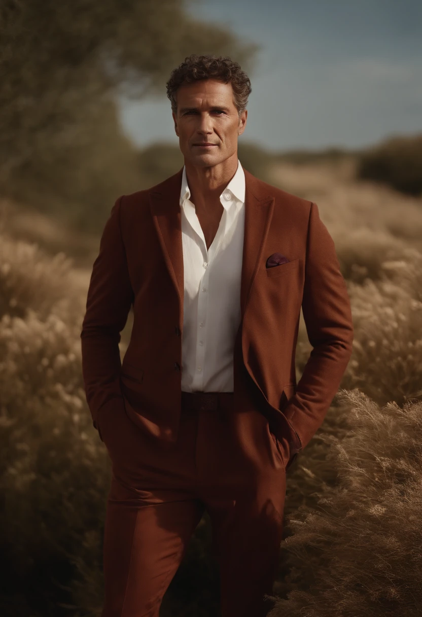 Un homme Handom en rouge, (Dans le style de Patrick Demarchelier). porter une veste, Grand et en forme, (40 ans:1.1), (shaven:1.2), (short brown hair and a little curly:1.5),(very short hair:1.6). in the style of ethereal beauty, Realistic blue sky, Hasselblad 1600F, Hyper-realistic portrait, couleurs vives, Lignes dynamiques, lisse et poli .