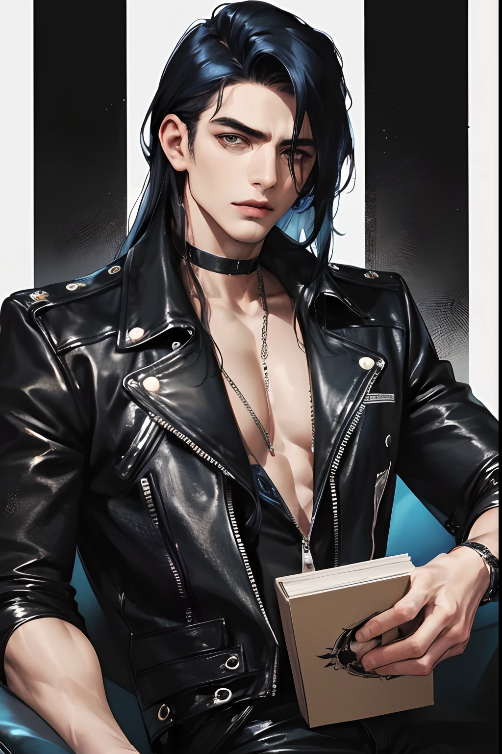 cover for a book, photography of a heavy metal star, a solo man, (((man))), (masculine face), 25 years old, singer, bad boy, (black eyes), expressive look, long dark blue black hair, (((bar background))), straight hair, blueshine hair, unshaven, black leather jacket, long sleve jacket, leather pants, chest tattoo, super detailed face, perfect body, perfect shapes, realistic image, award winning photography, 8k,
