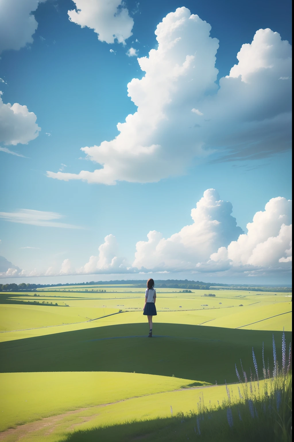 1 girl，with blue sky and white clouds，Green meadows