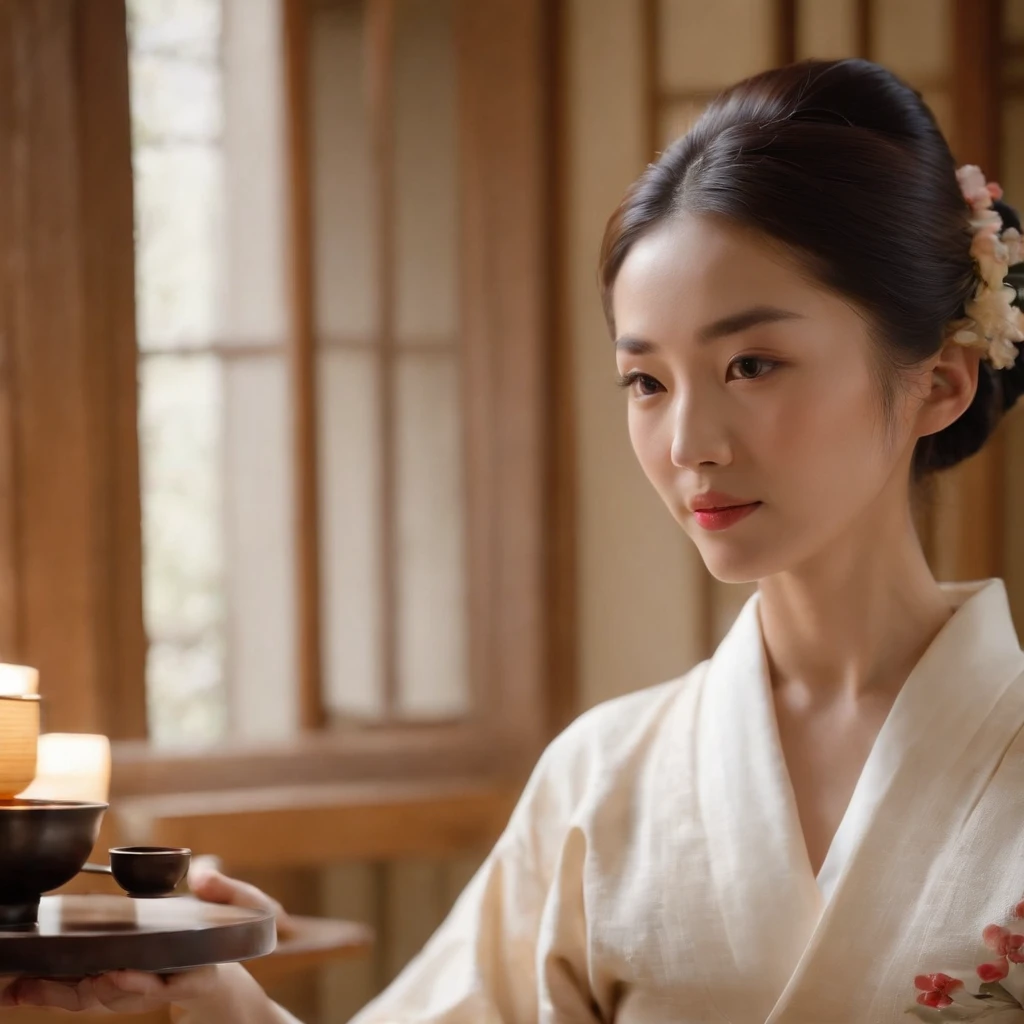Extremely sensitive with the highest image quality、8K、Japan of the most beautiful woman in her 20s、Wearing kimono and shoulders protruding、
Stay in a Japanese-style room、There are tea ceremony tools、