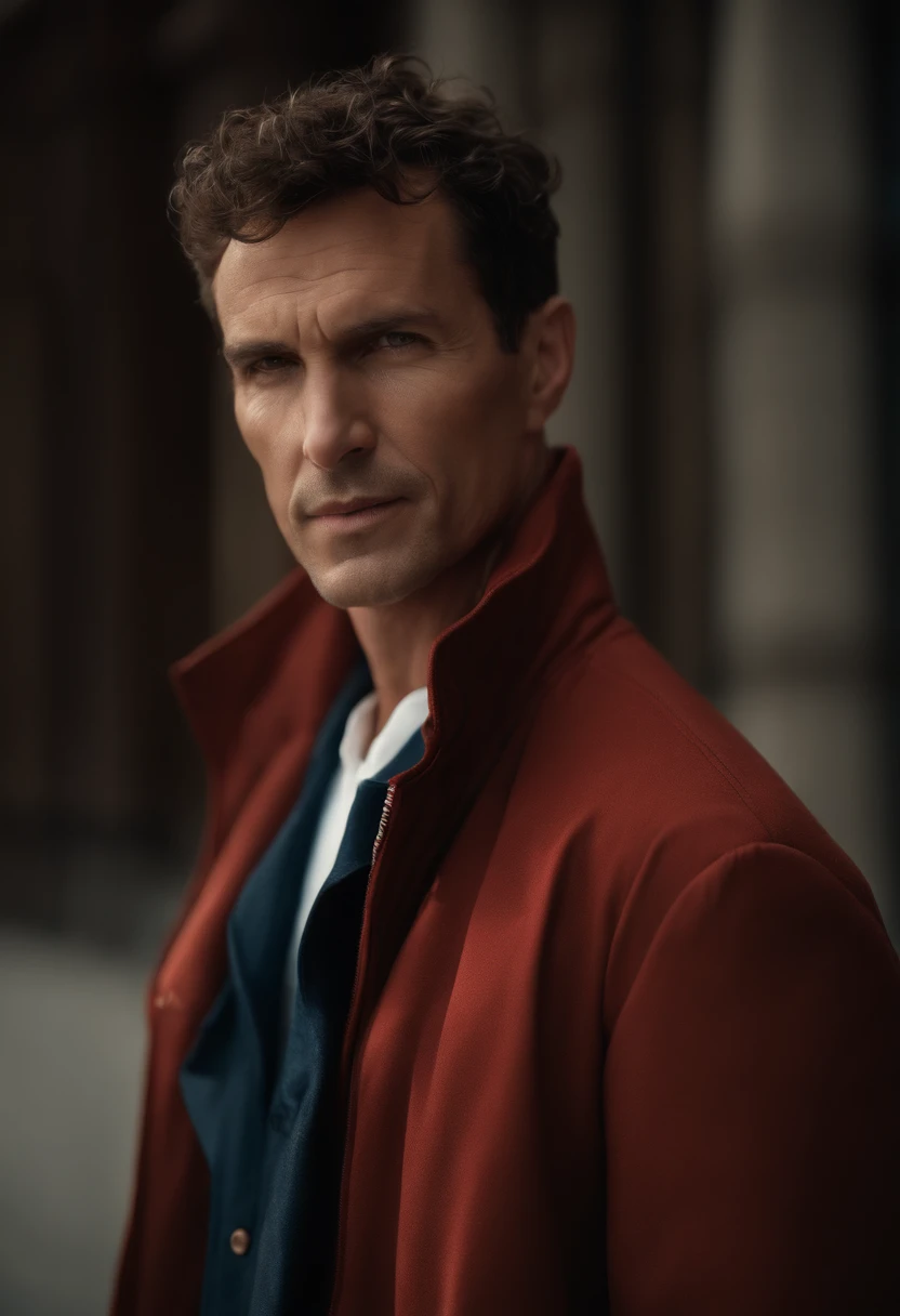 A handsom man in red, the style of patrick demarchelier. wearing a red jacket, Tall and fit, (40 years old:1.1), (shaven:1.2), (short brown hair and a little curly:1.5),(very short hair:1.6). in the style of ethereal beauty, realistic blue skies, hasselblad 1600f, hyper-realistic portraiture, bold colors, dynamic lines, smooth and polished .