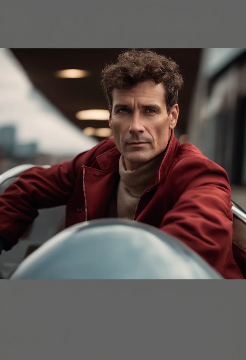 A handsom man in red, the style of patrick demarchelier. wearing a red jacket, Tall and fit, (40 years old:1.1), (shaven:1.2), (short brown hair and a little curly:1.5),(very short hair:1.6). in the style of ethereal beauty, realistic blue skies, hasselblad 1600f, hyper-realistic portraiture, bold colors, dynamic lines, smooth and polished .