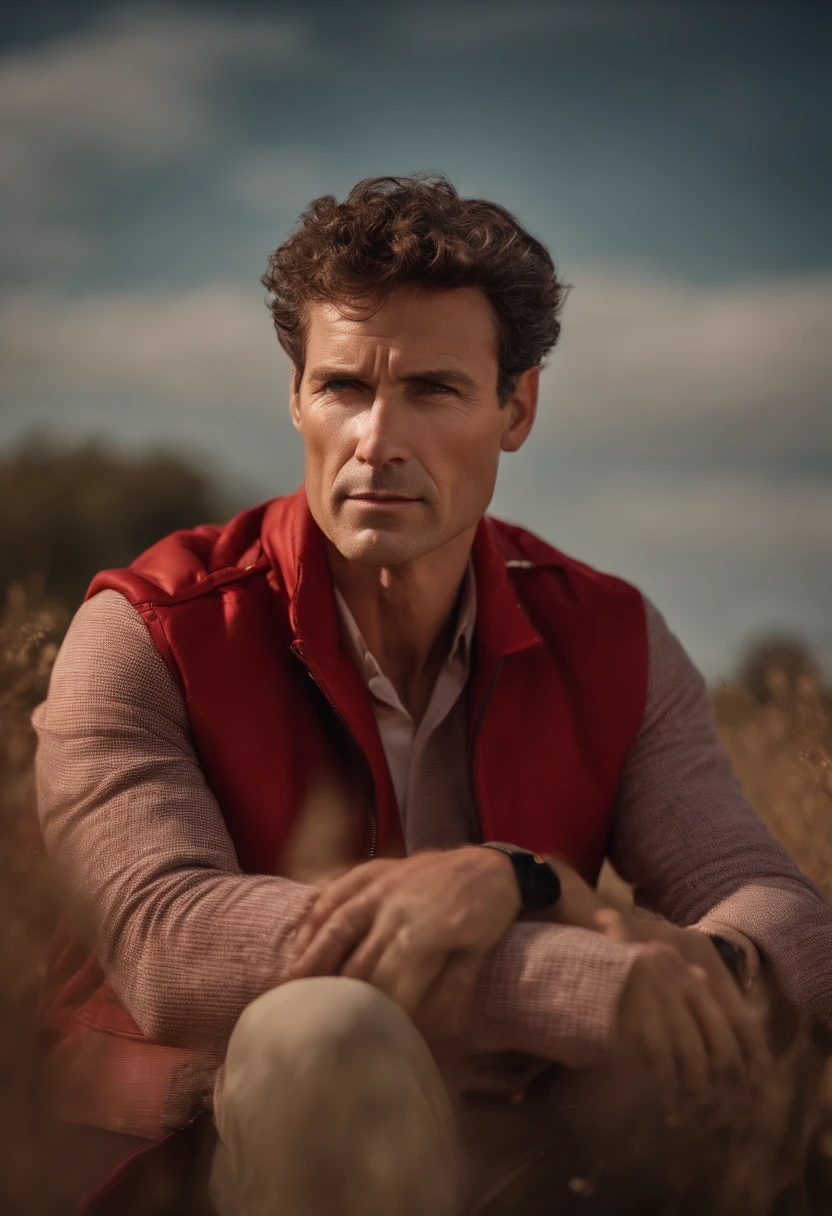A handsom man in red, the style of patrick demarchelier. wearing a red jacket, Tall and fit, (40 years old:1.1), (shaven:1.2), (short brown hair and a little curly:1.5),(very short hair:1.6). in the style of ethereal beauty, realistic blue skies, hasselblad 1600f, hyper-realistic portraiture, bold colors, dynamic lines, smooth and polished .
